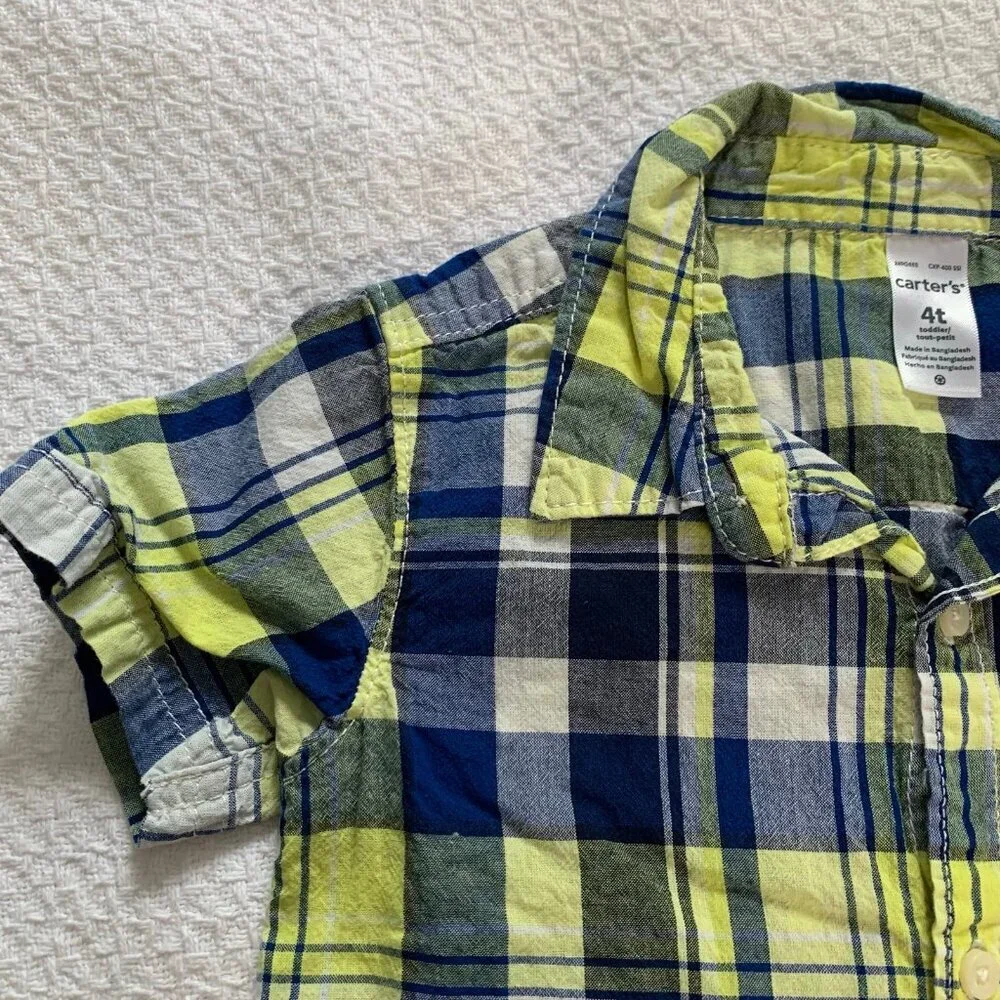 5/$25 Carter's‎ Toddler Boys 4T Plaid Button Down Shirt Navy Lime Green Dinosaur